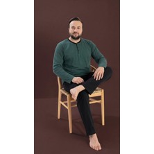 Seamlife Yeşil Erkek Büyük Beden Bisiklet Yaka 3 Düğmeli Mevsimlik Uzun Kol Pijama Takımı