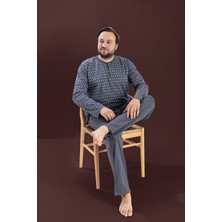 Seamlife Gri Desenli Erkek Büyük Beden Bisiklet Yaka 3 Düğmeli Mevsimlik Uzun Kol Pijama Takımı