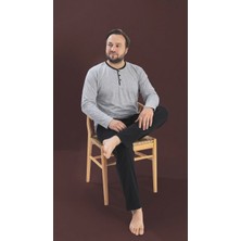Seamlife Açık Gri Erkek Büyük Beden Bisiklet Yaka 3 Düğmeli Mevsimlik Uzun Kol Pijama Takımı