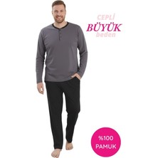 Seamlife Gri Erkek Büyük Beden Bisiklet Yaka 3 Düğmeli Mevsimlik Uzun Kol Pijama Takımı