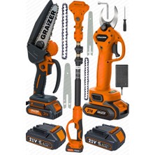 Graizer Teleskopik Set 4 Akülü Şarjlı Ağaç Dal Kesme Budama Makası Testere Teleskop Hediyeli 5 Pilli Akü