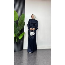 Tesettür Diyarı Roya Model Yandan Bağlamalı Saten Abiye-Lacivert