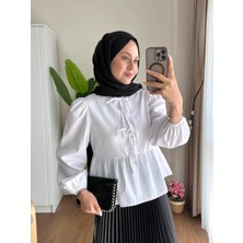 RFK Butik Kadın Etek Üstü Önü Bağcıklı Balon Kol Kısa Gömlek - Beyaz
