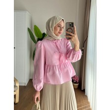 RFK Butik Kadın Etek Üstü Önü Bağcıklı Balon Kol Kısa Gömlek - Pembe