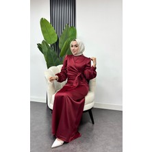 Tesettür Diyarı Roya Model Yandan Bağlamalı Saten Abiye-Bordo