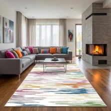 Carpettex Renkli Fırça Desenli Modern Dijital Baskılı Kaymaz Tabanlı Yıkanabilir Halı – Beyaz Zemin