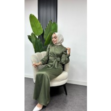 Tesettür Diyarı Roya Model Yandan Bağlamalı Saten Abiye-Haki