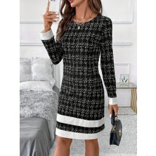 Moderie Butik Kadın Uzun Kollu Yuvarlak Yaka Etek Ucu Şerit Detaylı Kısa Dokuma Elbise