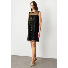 Ekol Pul ve Boncuklu Diz Üstü Elbise 5206