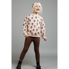 Magu Kız Çocuk Pamuklu Bej Lale Desenli Sweatshirt ve Kahverengi Tayt Takım – Rahat Günlük Takım