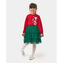 Magu Kız Çocuk Pamuklu Yeni Yıl Temalı Baskılı Etekli Takım - Sweatshirt Katlı Tül Etek
