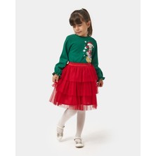 Magu Kız Çocuk Pamuklu Yeşil Kırmızı Yeni Yıl Temalı Baskılı Etekli Takım - Sweatshirt Katlı Tül Etek