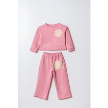 Magu Kız Çocuk Pamuklu Pembe Dantel Detaylı Sweatshirt ve Eşofman Altı Ikili Takım