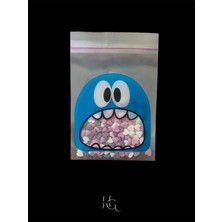 100 Adet 10X14 cm Mavi Canavar Figürlü Bantlı Şeffaf Opp Jelatin Poşet, Kurabiye Poşeti