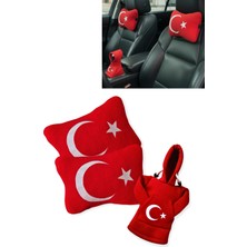Tusba Market Türk Bayraklı Kırmızı Polar Araç Boyun Yastığı 2’li Set & Polar Vites Kılıfı