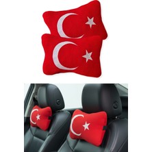Tusba Market Türk Bayraklı Kırmızı Polar Araç Seyahat Boyun Yastığı 2’li Set | Arkası Lastikli Konforlu Tasarım