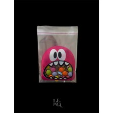 Hg Ambalaj 100 Adet 10X14 cm Pembe Canavar Figürlü Bantlı Şeffaf Opp Jelatin Poşet, Kurabiye Poşeti ( 10X10+4)