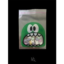 Hg Ambalaj 100 Adet 10X14 cm Yeşil Canavar Figürlü Bantlı Şeffaf Opp Jelatin Poşet, Kurabiye Poşeti ( 10X11+3)