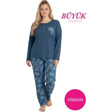 Seamlife Mavi Kadın Büyük Beden Desenli Bisiklet Yaka 3 Düğmeli Mevsimlik Likra Viskon Uzun Kol Pijama Takımı