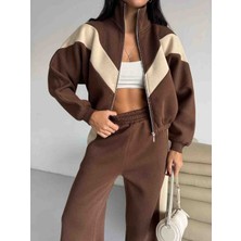 Zeynep Öykü Style Kadın Garnili Çift Renkli 3 Iplik  Içi Şardonlu Eşofman Takımı