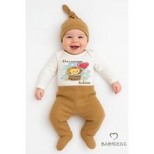 Babyden's Dayısının Aslanı Baskılı 3’lü Bebek Takımı %100 Pamuklu Şapkalı Set Uzun Kol Çıtçıtlı Zıbın Şapka