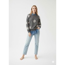 Ribana Classic Kadın Çiçek Tül Detaylı Nakışlı Gömlek Yaka Üç Iplik Kalın Şardonlu Oversize Sweatshirt Tunik
