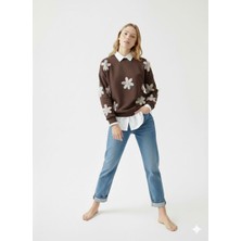 Ribana Classic Kadın Çiçek Tül Detaylı Nakışlı Gömlek Yaka Üç Iplik Kalın Şardonlu Oversize Sweatshirt Tunik