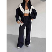 Zeynep Öykü Style Kadın Garnili Çift Renkli 3 Iplik  Içi Şardonlu Eşofman Takımı