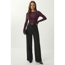 Happiness İstanbul Kemerli Geniş Paça Esnek Örme Pantolon LBY0035 Siyah