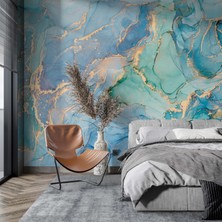 Grown Turkuaz ve Altın Renkli Mermer Desen Duvar Kağıdı