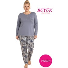 Seamlife Gri Kadın Büyük Beden Desenli Bisiklet Yaka 3 Düğmeli Mevsimlik Likra Viskon Uzun Kol Pijama Takımı