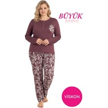 Seamlife Mürdüm Kadın Büyük Beden Desenli Bisiklet Yaka 3 Düğmeli Mevsimlik Likra Viskon Uzun Kol Pijama Takımı