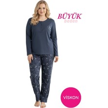 Seamlife Antrasit Kadın Büyük Beden Desenli Bisiklet Yaka 3 Düğmeli Mevsimlik Likra Viskon Uzun Kol Pijama Takımı