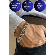 Axexuar Zincir Model 316L Erkek Çelik Bileklik Paslanmaz Parlak Gümüş Renk  21 cm 8 mm