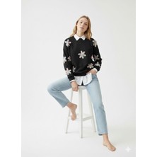 Ribana Classic Kadın Çiçek Tül Detaylı Nakışlı Gömlek Yaka Üç Iplik Kalın Şardonlu Oversize Sweatshirt Tunik