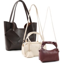 SHAKA Kahverengi/krem/bordo SHK278 Suni Deri El Kol ve Omuz 3'lü Çanta Seti (SHK108-SHK207-SHK24)