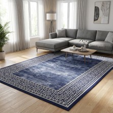 Carpettex Lacivert Zemin Gümüş Detaylı Oryantal Bordürlü Dijital Baskılı Kaymaz Tabanlı Yıkanabilir Halı