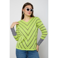 Moda Days Kadın V Yaka Simli Desenli Triko Kazak Şık Günlük Kullanım