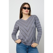 Moda Days Kadın V Yaka Simli Desenli Triko Kazak Şık Günlük Kullanım