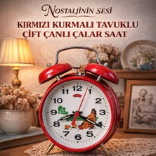 Kırmızı Nostaljik Kurmalı Tavuklu Çift Çanlı Çalar Metal Masa Saati