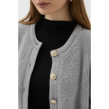 Owerall Kadın Teddy Bisiklet Yaka Yumuşak Doku Gold Düğmeli Havlu Örgü Hırka