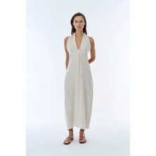 Quzu Boyundan Bağlamalı Yırtmaçlı Keten Elbise Naturel