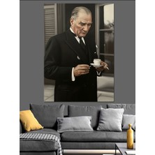 Karizma Tablo Kahve Içen Atatürk Fotoğrafı Dekoratif Kanvas - Mdf Ahşap Tablo
