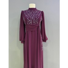 Miss Elegans Şifon Taşlı Işlemeli Lavanta Tesettür Abiye