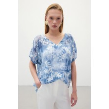 Sateen Nakışlı Kısa Kol Bluz - Indigo