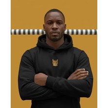 Muhtar Store Turuncu Tekir Kedili Hoodie Unisex %100 Pamuk | Siyah Kapüşonlu Sweatshirt Göğüs Ortası Minimal Logo