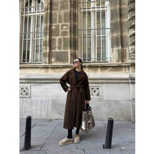 Melek Kostak Acı Kahve Oversize %78YÜN, %22PAMUK Premium Kol Kemer Detaylı Kuşaklı Uzun Kaşe Kaban