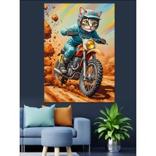 Karizma Tablo Motosiklet Süren Kedi Yarışçı Dekoratif Kanvas - Mdf Ahşap Tablo
