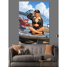 Artmeg Uçak Kanadında Pinup Kadın Dekoratif Kanvas - Mdf Ahşap Tablo