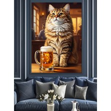 Karizma Tablo Bira Içen Tekir Kedi Dekoratif Kanvas - Mdf Ahşap Tablo